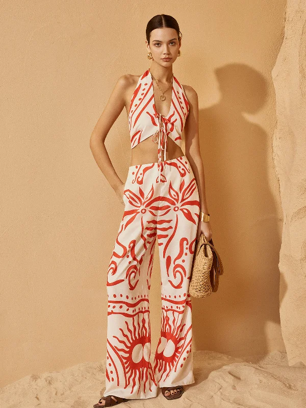 Backless Drawstring Print Pants Set