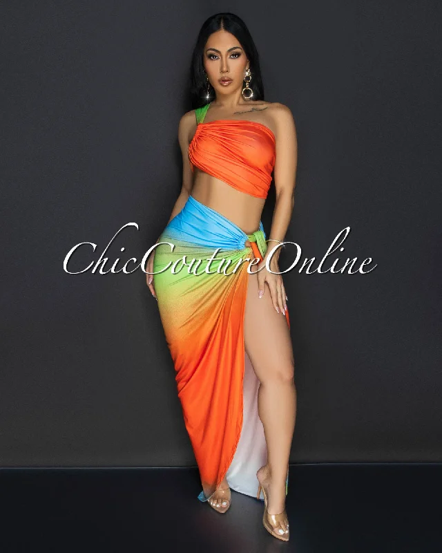 Valia Orange Multi Crop Top & Skirt Set