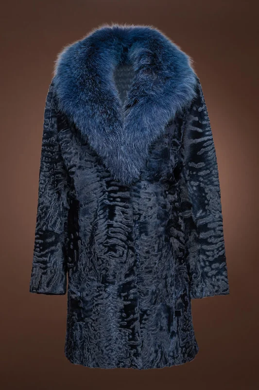 Indigo Blue Mid-Length Karakul Fur Coat - Fox Fur Collar