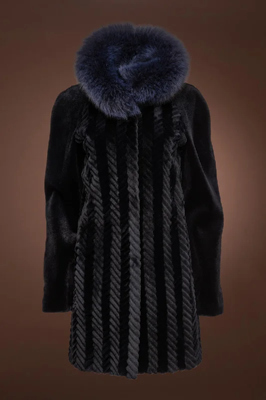 Navy Blue Grooved Sheared Mink & Fox Fur Coat