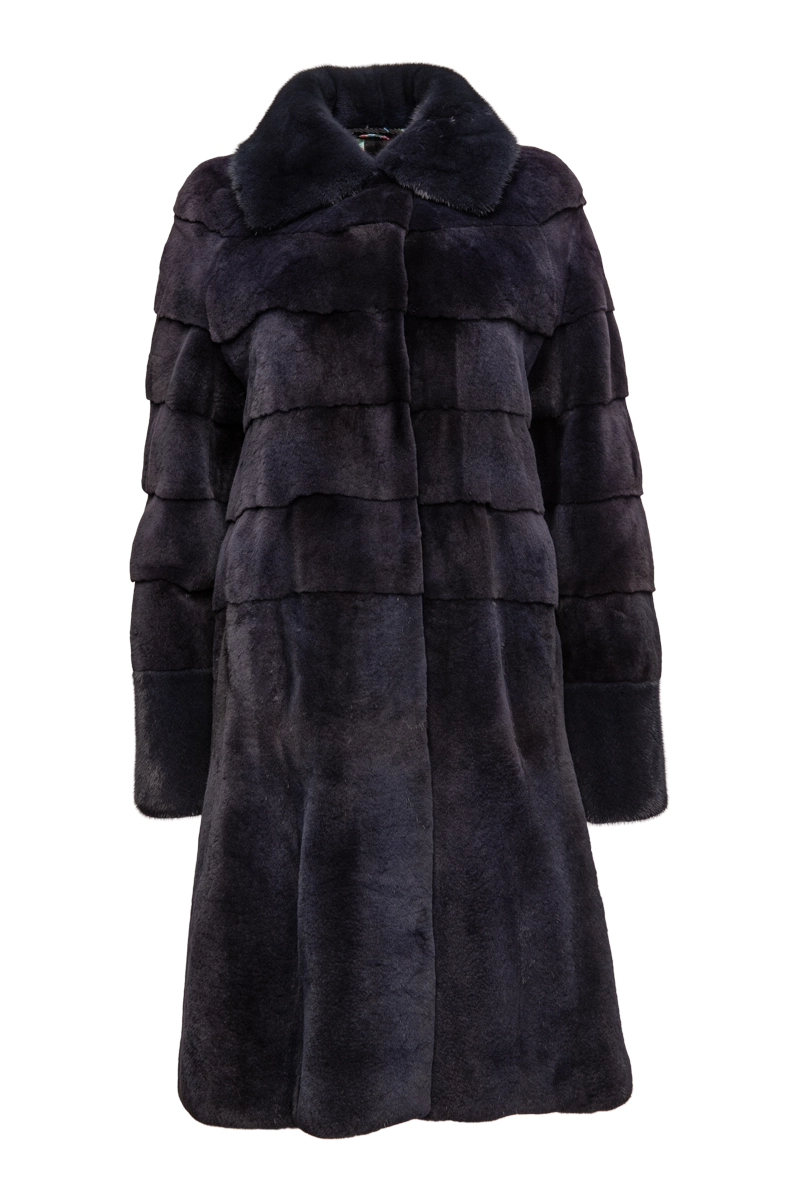 Navy Blue Horizontal & Vertical Plucked Mink Fur Coat