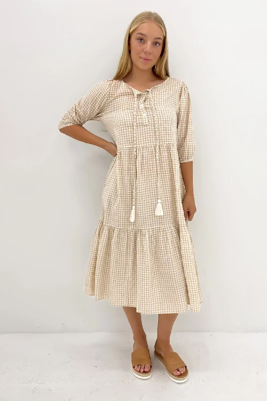 Eydie Midi Dress Latte Gingham