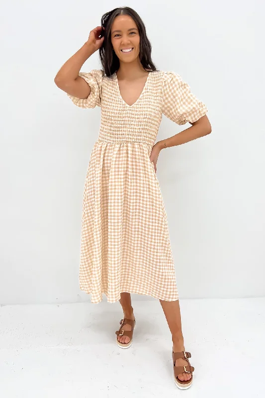 Keisha Midi Dress Beige Gingham