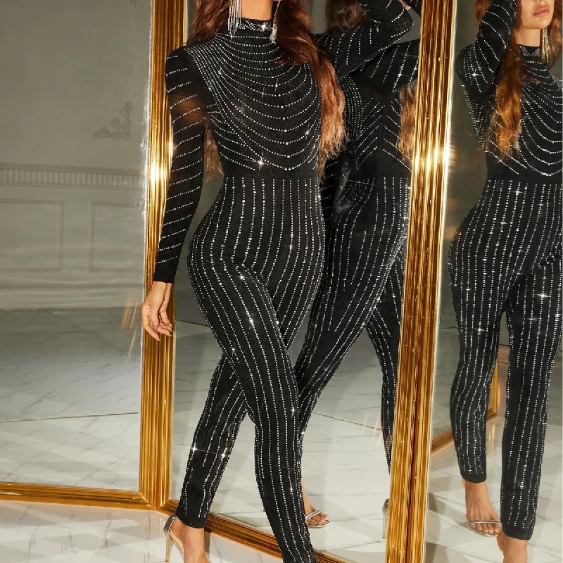 NiDELL Cross-Border Sexy Jumpsuit New European and American Hot Rhinestone Turtleneck Long Sleeve Body Shaping Striped Jumpsuit-Ssl6116