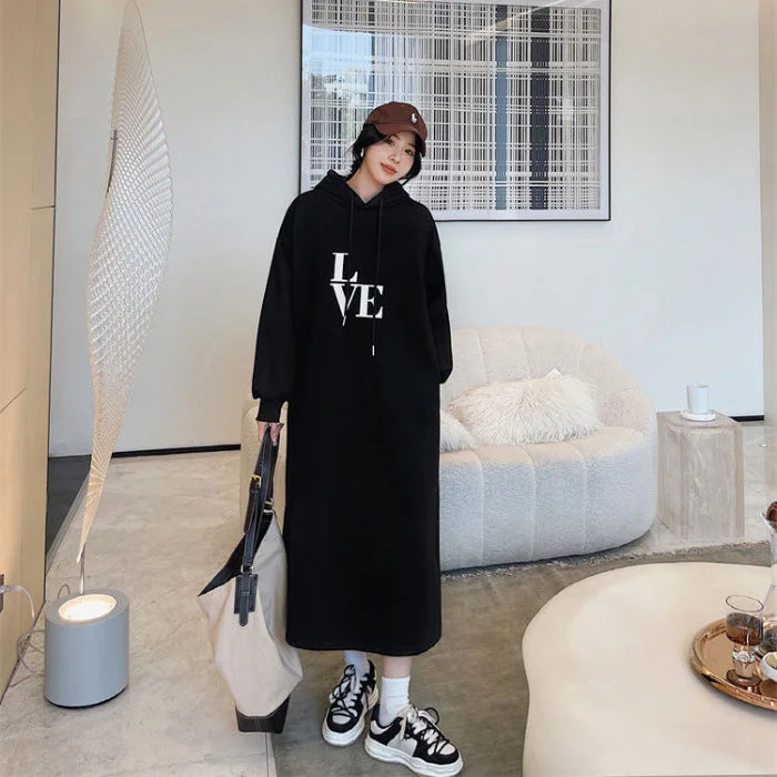 NiDELL Korean Style with Pockets Winter Fleece-Lined Oversized Women's Clothing Casual Simple Double Hood Split Hooded Jumpsuit Sweater Dress