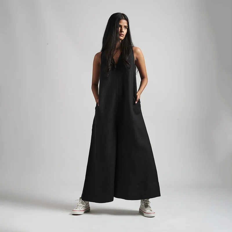 Black Flared Jumpsuit for Women | Linen