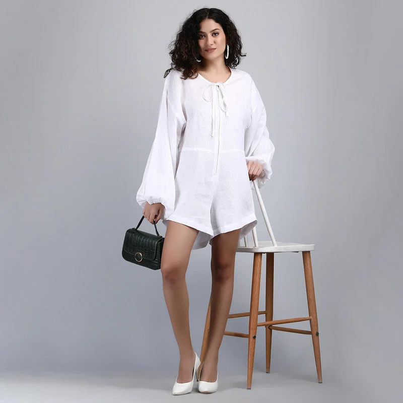 Linen Short Jumpsuits for Women | White | Front Zip Closure