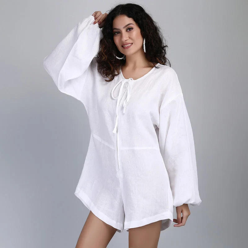 Linen Short Jumpsuits for Women | White | Front Zip Closure