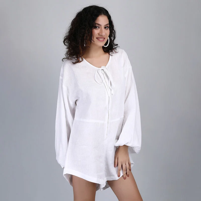 Linen Short Jumpsuits for Women | White | Front Zip Closure