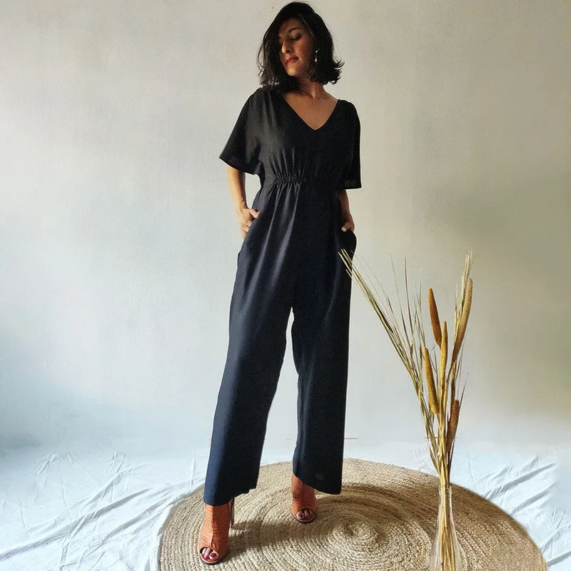 Cotton V-Neck Jumpsuit | Black