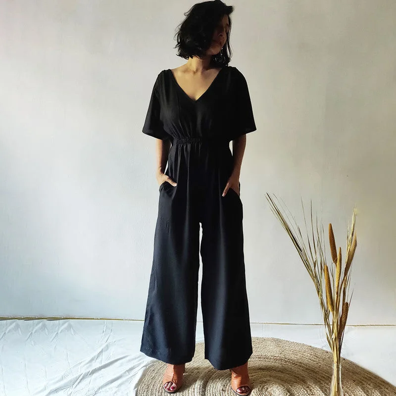 Cotton V-Neck Jumpsuit | Black