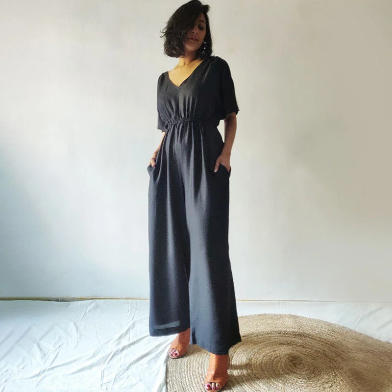 Cotton V-Neck Jumpsuit | Black