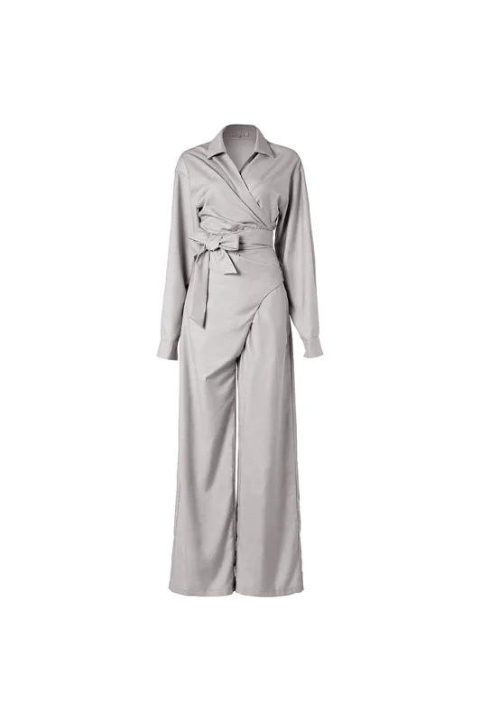 Long-sleeved wide-leg jumpsuit | Latte grey jumpsuit | Casual jumpsuit