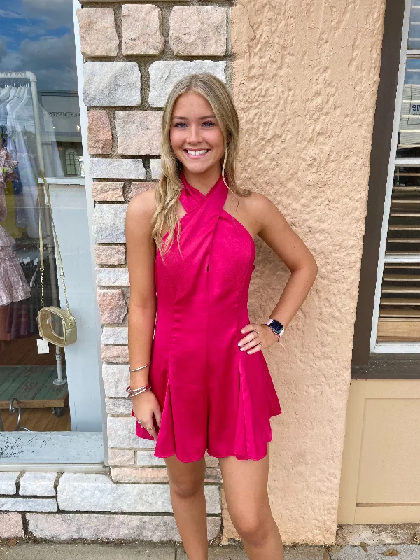 Magenta Halter Tie Neck Romper