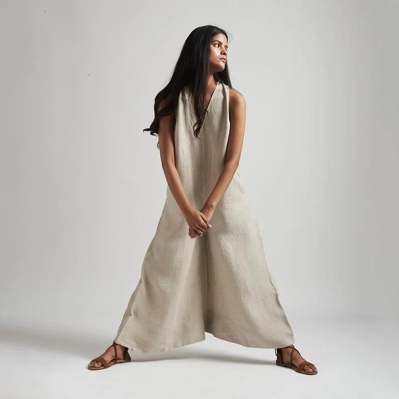 Linen Flared Jumpsuit for Women | Beige