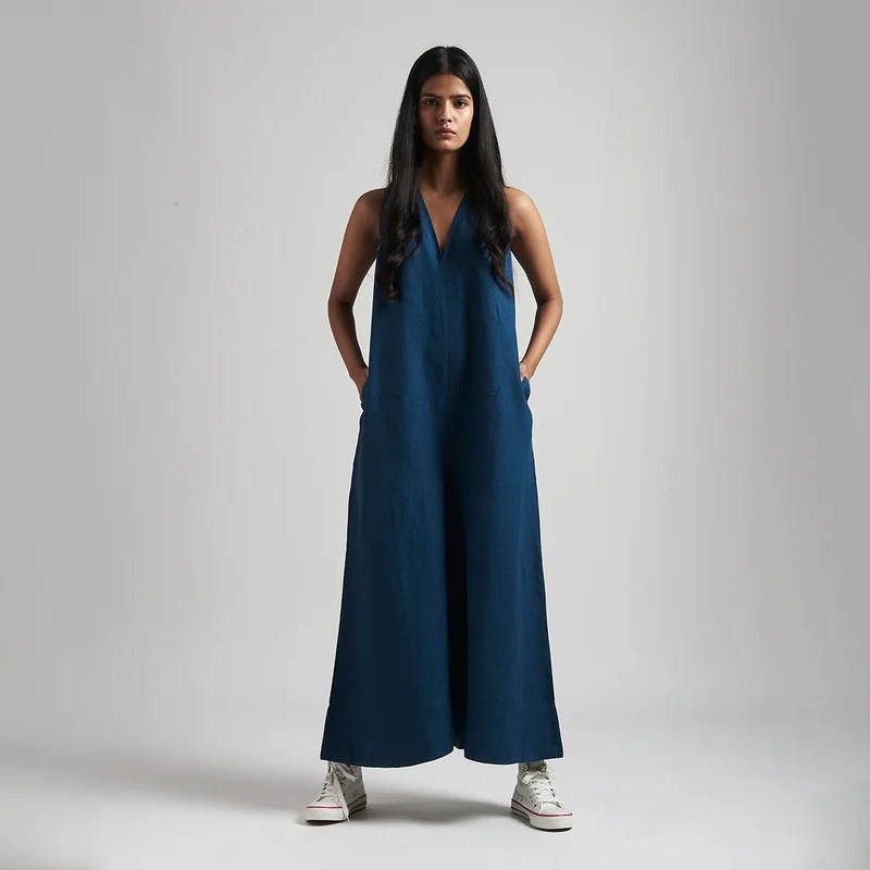 Linen Flared Jumpsuit for Women | Indigo