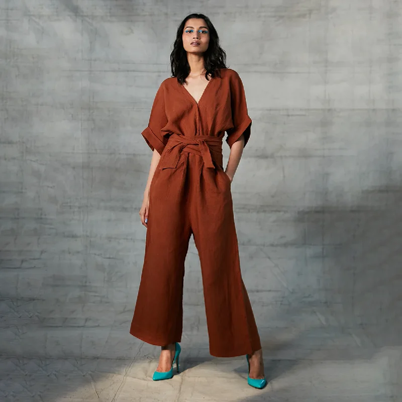 Linen Wrap Jumpsuit For Women | Quart Sleeves | Brown