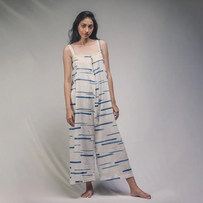 Organic Cotton Jumpsuit for Women | Wide Leg | Handpainted | White & Blue