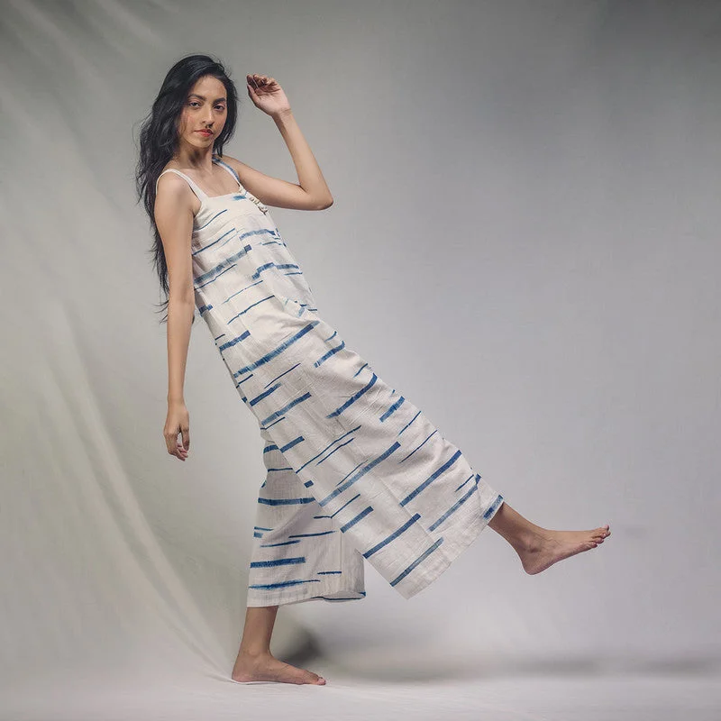 Organic Cotton Jumpsuit for Women | Wide Leg | Handpainted | White & Blue