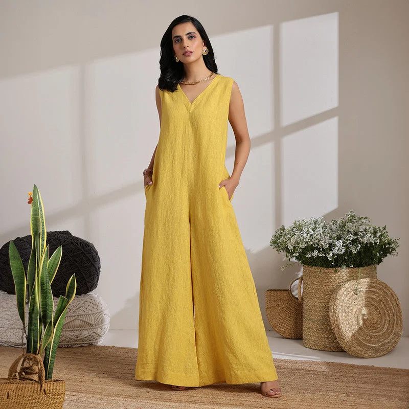 Women Linen Jumpsuit | Wide-Leg | Yellow