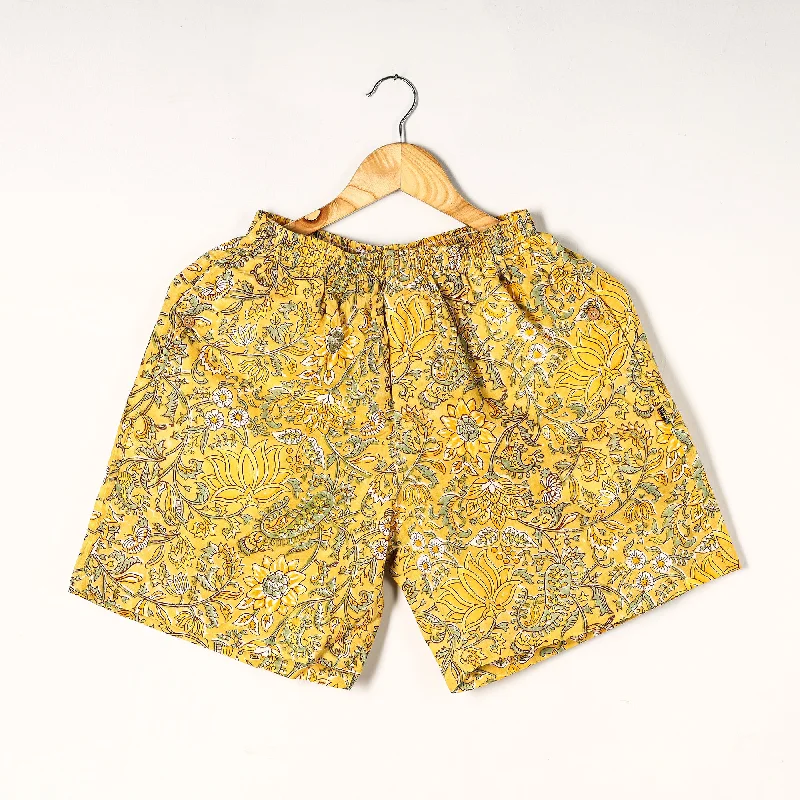 Yellow - Sanganeri Block Printed Cotton Unisex Boxer/Shorts