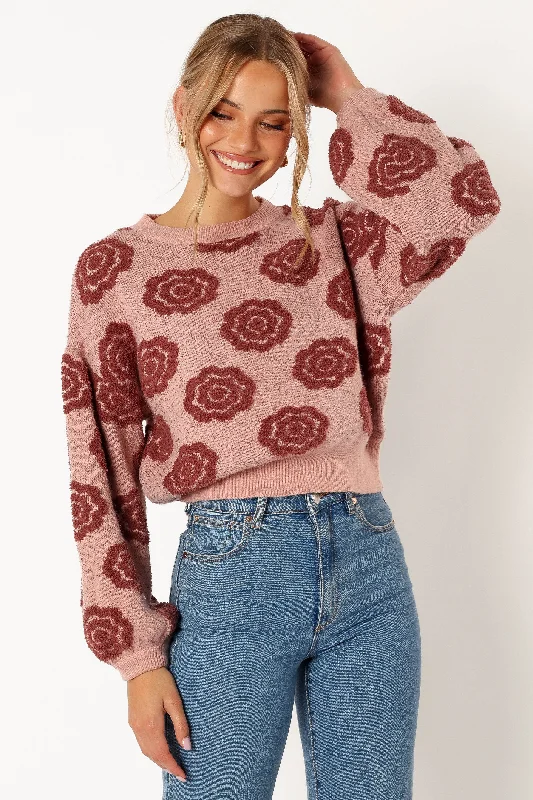 Amara Crewneck Rose Detail Knit Sweater - Mauve