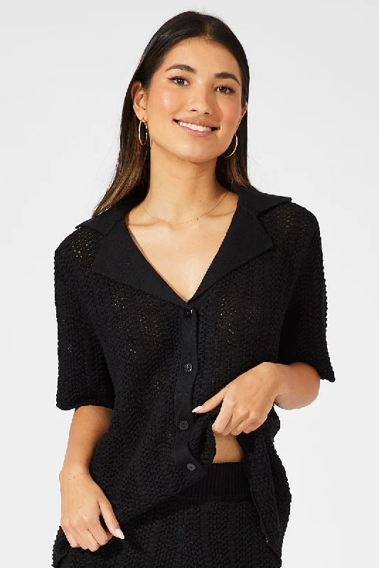 Black Collared Knit Top Short Sleeve Button Up