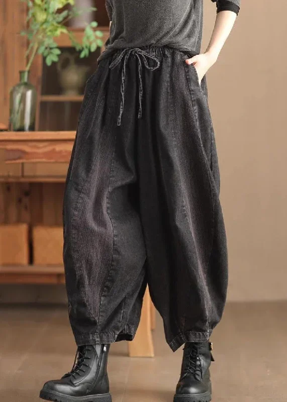 Black Pockets Lace Up Patchwork Harem Pants High Waist