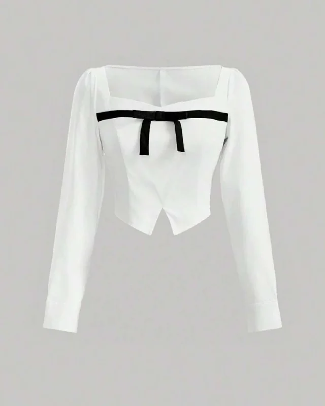 Bow Front Ruffle Trim Full Sleeve White Crop Top