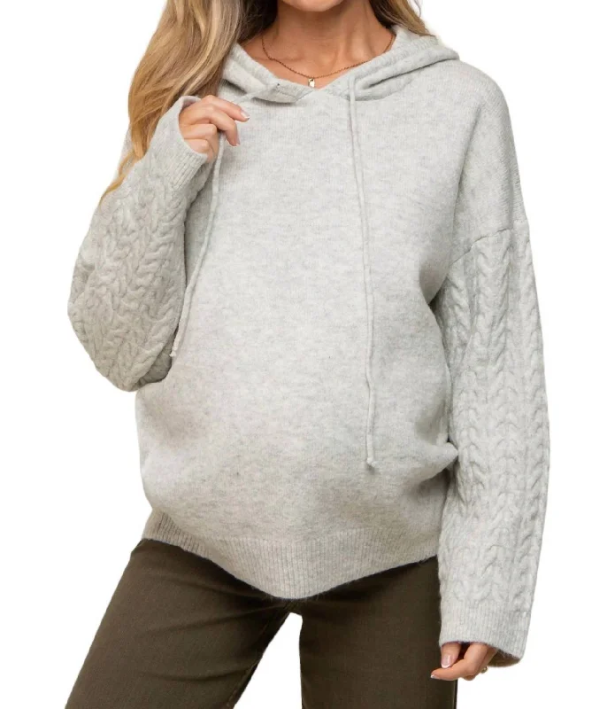 Cable Knit Hoodie Sweater In Grey