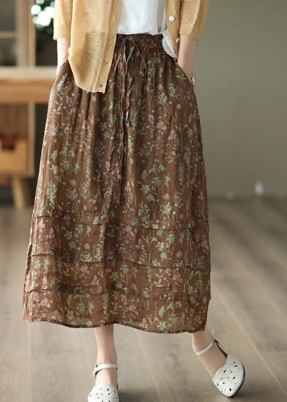 Chocolate Print Linen Skirt Wrinkled Pockets Tie Waist Summer