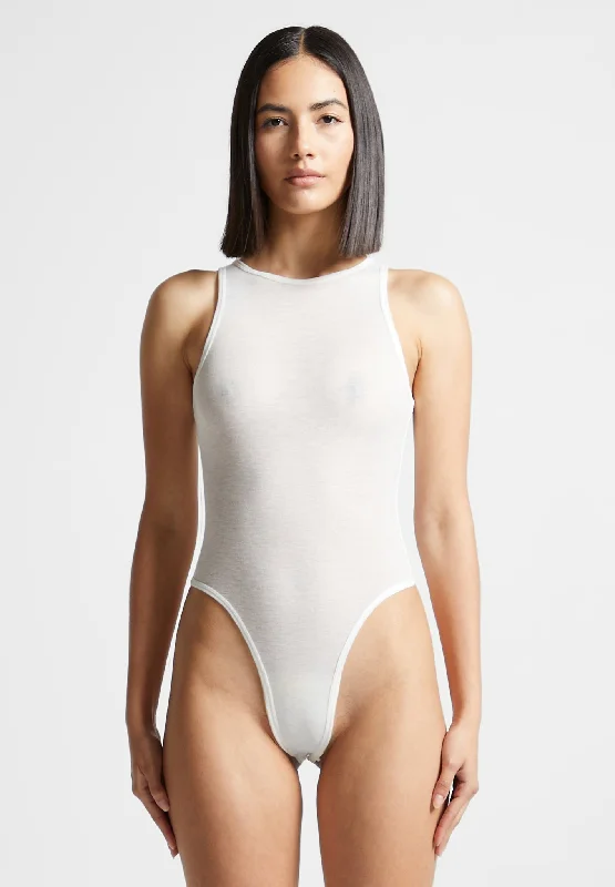 Éternelle Sheer Racer Neck Bodysuit - White