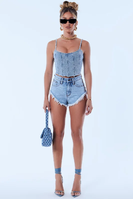 Front Row Ticket Non Stretch Denim Cut Off Shorts - Light Wash