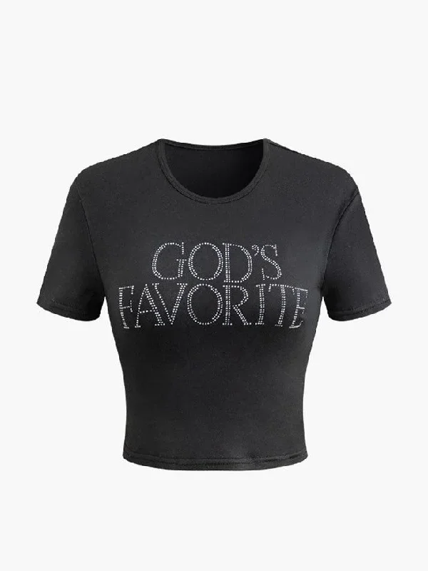 GOD'S FAVORITE Rhinestone Decor Crop T-shirt