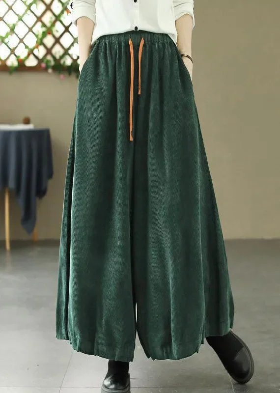 Green High Waist Corduroy Wide Leg Pants Pockets