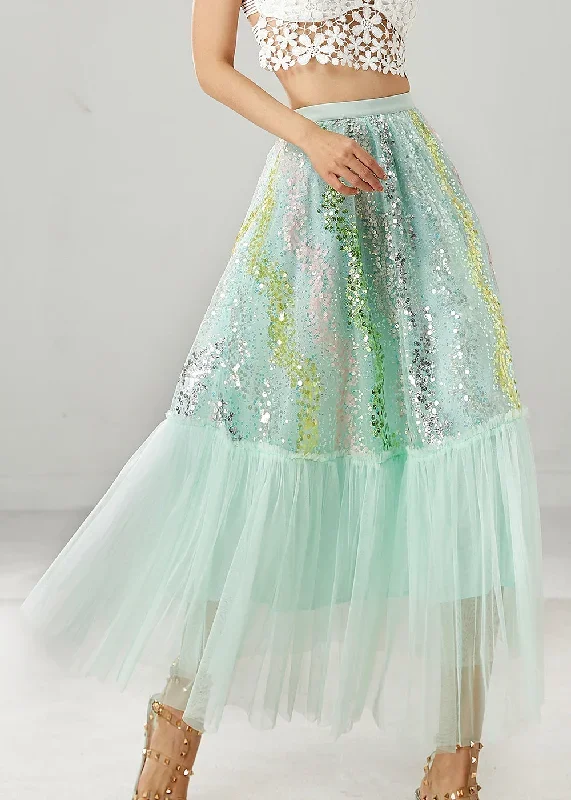 green-patchwork-tulle-a-line-skirts-sequins-spring