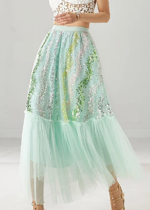 green-patchwork-tulle-a-line-skirts-sequins-spring