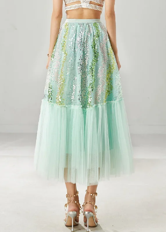 green-patchwork-tulle-a-line-skirts-sequins-spring