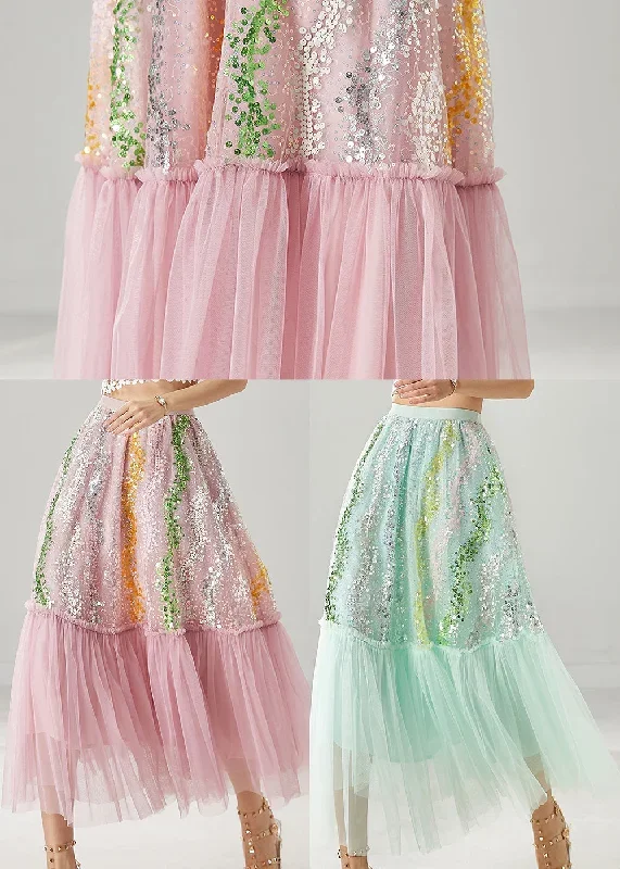 green-patchwork-tulle-a-line-skirts-sequins-spring