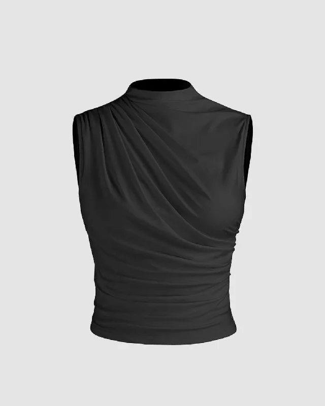 High Neck Ruched Sleeveless Black Crop Top