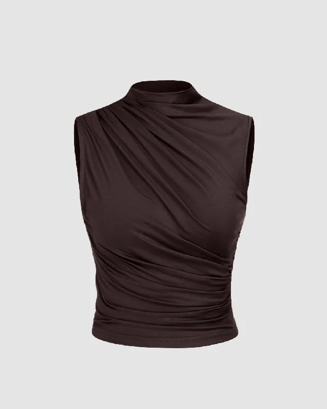 High Neck Ruched Sleeveless Chocolate Brown Crop Top