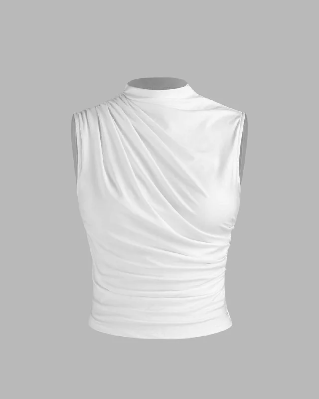 High Neck Ruched Sleeveless White Crop Top