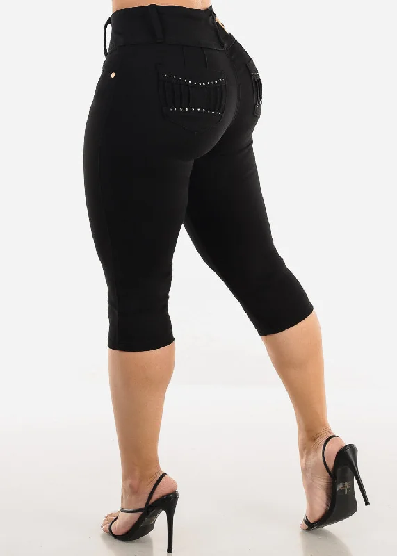 High Waisted Black Butt Lift Denim Capris