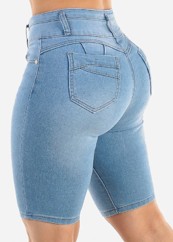 High Waisted Butt Lift Light Denim Bermuda Shorts