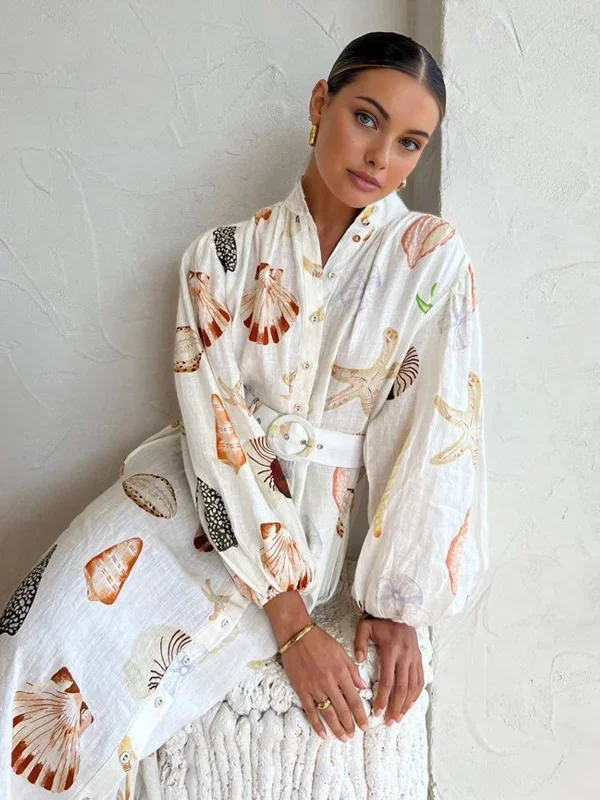 marine-life-print-button-front-belted-long-dress