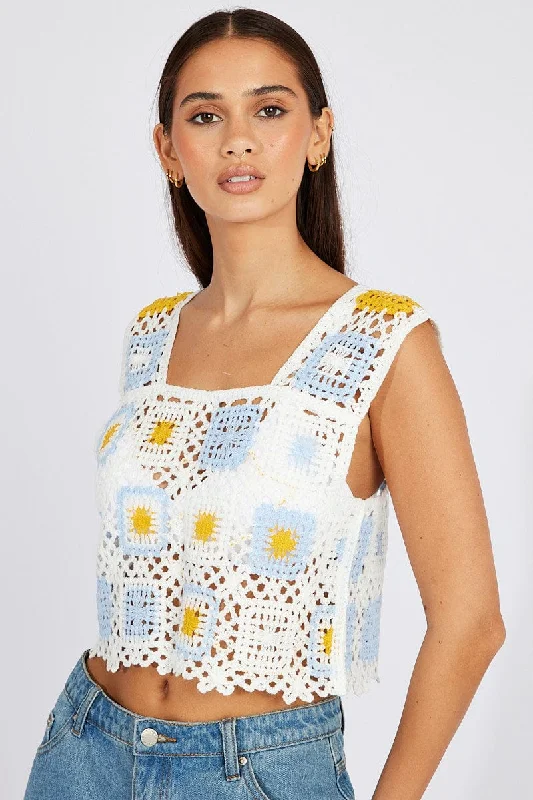 Multi Crochet Top Crop Square Neck