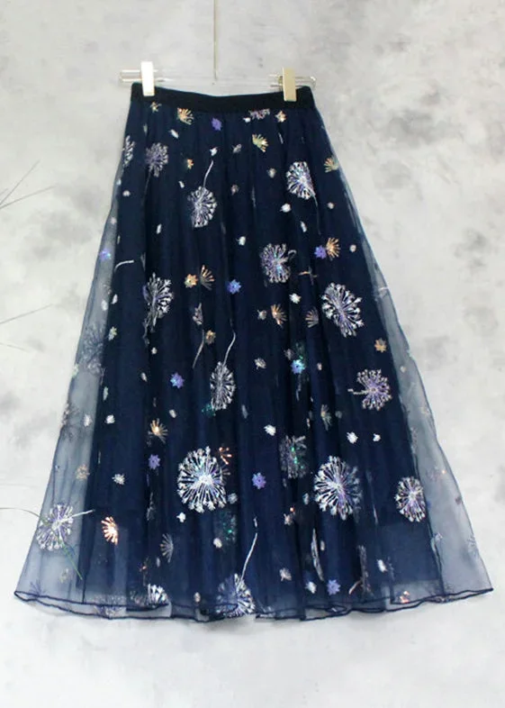 new-navy-embroidered-sequins-high-waist-tulle-skirts-summer