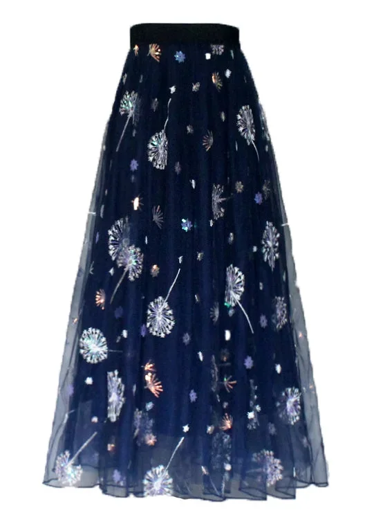 new-navy-embroidered-sequins-high-waist-tulle-skirts-summer