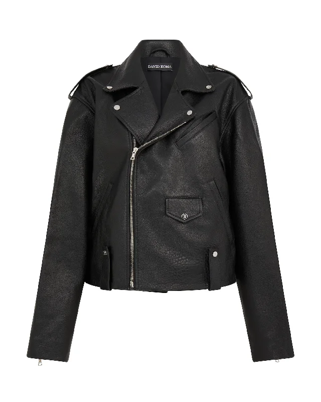 OVERSIZED LEATHER BIKER JACKET IN BLACK