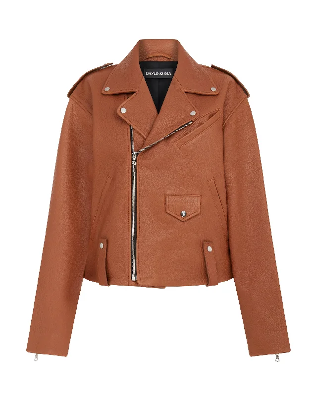 OVERSIZED LEATHER BIKER JACKET IN BROWN